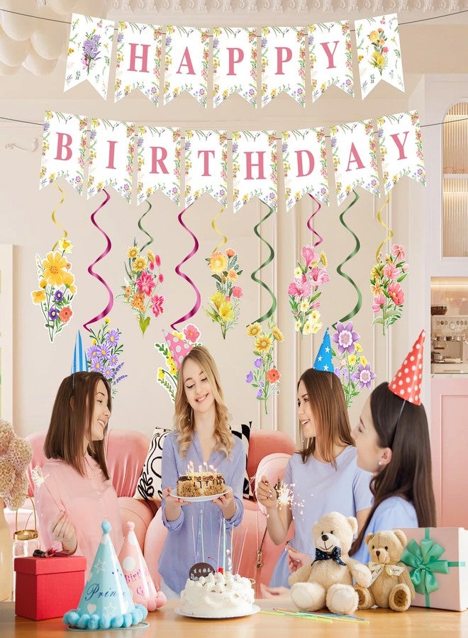 FEXICHUJI Floral Birthday Party Decorations for Girls, Wildflower Happy Birthday Banner with Garland Hanging Swirls Multicoloured Flower Decorations Set for Women - Image 4